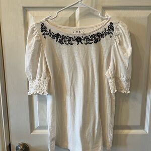 LOFT Women’s Cream Blouse with Black Floral Embroidery, Size Small